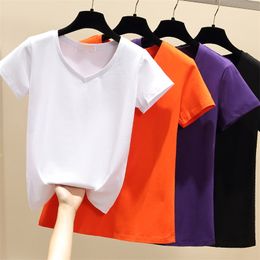 WWENN S-3XL Short Sleeve T-shirt Women Plain T Shirt Cotton Elastic Basic Vintage V-Neck Female Casual Tops 210507