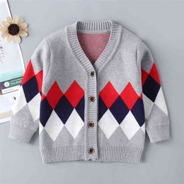 Arrival Boy Sweater Children Clothing Rhombic Pattern Knitted Baby Boys Cardigan Knitwear 1-5T Kids 210629