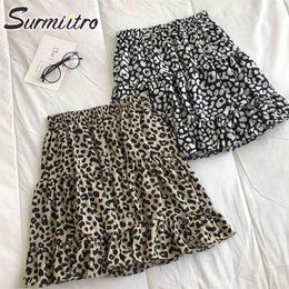 Summer Mini Skirt Women Korean Style Chiffon Leopard Print Ruffles A Line High Waist Sun Female With Lining 210421