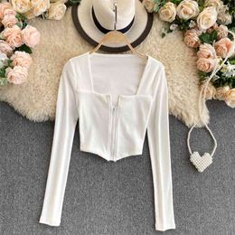Women's White Black Knitted Top Sexy Square Collar Long Sleeve T-shirt Front Zipper Slim Fit Autumn Elegant Crop 210603