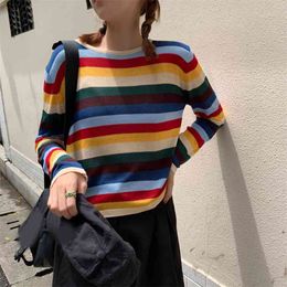 Spring Autumn Women's Tops Korean Rainbow Stripes Short Long Sleeve Shirts Round Neck Wild Casual Sweater Top LL732 210506