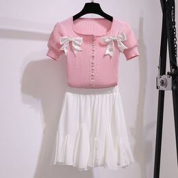 Sweet Pink Two Piece Set Elegant Bow Square Collar Knitted Short Sleeve Top + White Chiffon Mini Skirts Suits Summer Outfits 210518