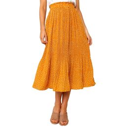 Ladies Dots Floral Print Pleated Skirts Womens Elegant Elastic High Waist Side Pockets Chiffon Summer Women Midi Skirts Female 210416