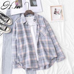 HSA Women Spring Blouses Casual Plaid Shirts Long Sleeve Turn Collar Button Up Down Loose Pink Blue Korean Chic Blouse Tops 210417