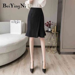 Office Ladies Skirt High Waist Streetwear Work Wear Irregular Casual Vintage Knee-length Skirts Women Black Falda 210506