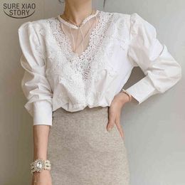 Office Lady O Neck Shirts Female Korea Hollow Out With Lace White Black Long Sleeve Women Blouse And Tops 12622 210415