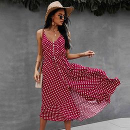 Polka Dot Knee Length Strap Dress Summer Women Sexy V Neck Buttons Bandage Split Casual A Line Dresses Vintage Sundress Vestidos 210412