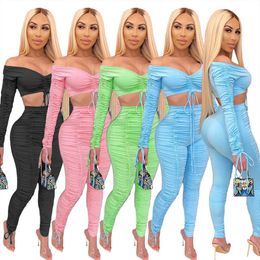 Sexy Two Piece Sets Women Solid Off Shoulder Lace Up Bandage Crop Tops Ruched Stacked Pants Suit Leggings Outfit Sport Tracking Y0625