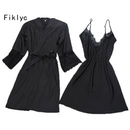 Fiklyc brand sexy women's robe & gown sets twinest bathrobe + mini night dress two pieces sleepwear womens sleep set faux silk 210831
