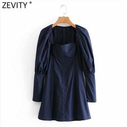 Zevity Women Vintage Square Collar Pleat Lantern Sleeve Casual Mini Dress Lady Chic Court Style Zipper Design Vestido DS4775 210603