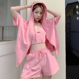 Summer Three-Piece Set Casual Solid Colour Sports Hooded Loose coat + Sexy Vest Top + Shorts Suit Women Outfits 210518