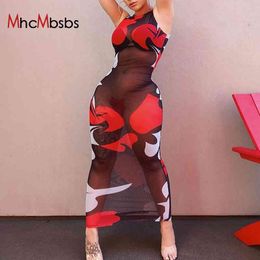 Women Fashion Sexy Mesh See Through Bodycon Dress Printed Sleeveless Maxi Dresses O Neck Party Summer Clothing 210517