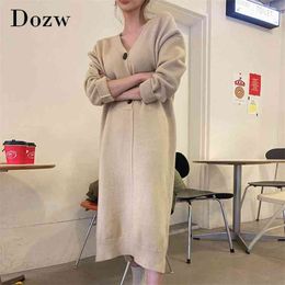 Korean Chic V Neck Knitted Dress Women Loose Casual Long Sleeve Sweater ses Elegant Vestidos 210515