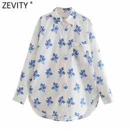Zevity Women Vintage Blue Floral Print Loose Smock Blouse Office Lady Pocket Patch Casual Shirt Chic Blusas Tops LS9351 210603