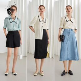 FANSILANEN Office Lady Puff Sleeve Blue White Shirt Women Summer Short Thin French Straight Tops Blouses 210607