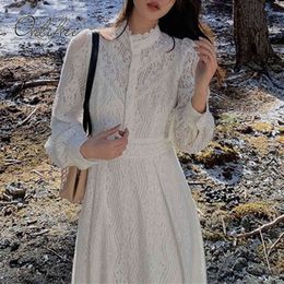 Spring Autumn Women White Lace Long Sleeve Hollow Out Tunic Party Maxi Dress 210415