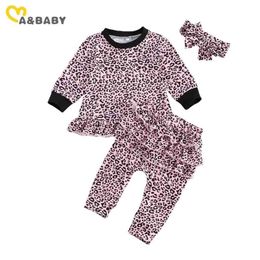 0-2Y Autumn Spring Infant Toddler born Baby Girl Leopard Clothing Set Ruffles Tops Pants Headband Outfits 210515