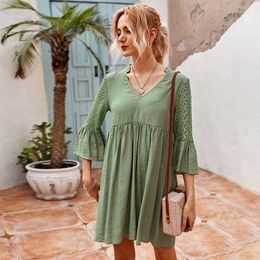 Elegant Lace Patchwork Women Dress Casual Loose V-Neck Flare Sleeve Holiday Beach Dresses Vestidos Plus Size W747 210526