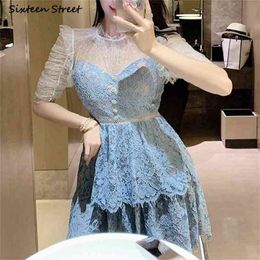 Blue Lace Dresses Woman Summer Diamond Button High Waist Bodycon Mesh Patch Polka Dot Mini Female Clothing 210603