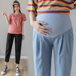 3128# Summer Thin Cotton Linen Maternity Pants Belly Casual Straight Loose Clothes for Pregnant Women Pregnancy Trousers 210721