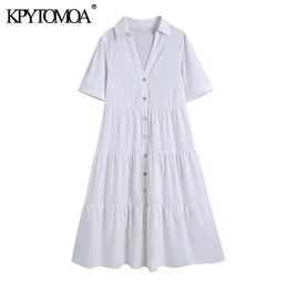 Women Chic Fashion With Panels White Midi Dress Short Sleeve Button-up Female Dresses Vestidos Mujer 210420