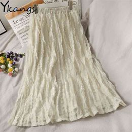 Elastic High Waist Ruffle Velvet Lace Mesh Pleated Skirt Women'S Vintage Wild Solid Color A-Line Gauze Harajuku Lolita 210421
