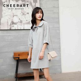 Peter Pan Collar Causal Korean Dress Women Grey Short Sleeve Casual Loose Summer Mini Polo Clothing 210427