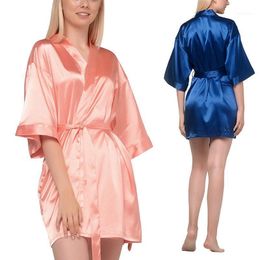plain kimono UK - Men's Sleepwear Women's Kimono Robes Lady Girls Plain Satin Ladies Half Sleeve Gown Silky Lingerie Lightweight Night Wear1