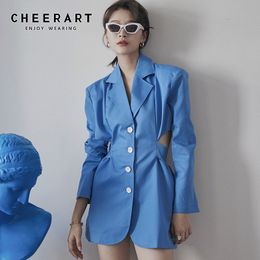 Blue Blazer Designer Jacket Autumn Fashion Tunic Hollow Out Long Sleeve Open Back Slim Ladies Coat Black 210427