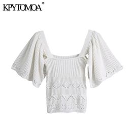Women Fashion With Ruffled Sleeves Cropped Knitted Sweater Square Collar Fitted Female Pullovers Chic Tops 210420