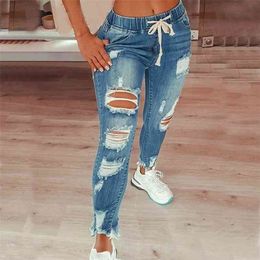 Light Blue Ripped Jean Street Style Sexy Mid Rise Distressed Trouser Stretch Skinny Hole Denim Pencil Pants 210809