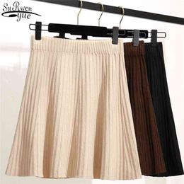 Knitted Pleated Skirts Women High Waist A-Line Autumn Winter Casual Solid Chic Female Bubble Jupe Femme 10368 210510