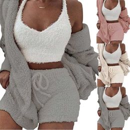 Women Fluffy Soft Pyjama Sets Fleece Long Sleeve Nightwear Plush Hooded Coat+Shorts Comfortable Sleepwear 3PCS 211215