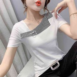 summer Skew collar stripe Splicing short Sleeve Tee Women Fashion Slim Tops Casual Woman T Shirts women sexy tops 210507