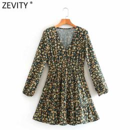 Zevity Women Sweet V Neck Country Style Floral Print A Line Dress Femme Long Sleeve Pleats Mini Vestido Chic Cloth DS4696 210603