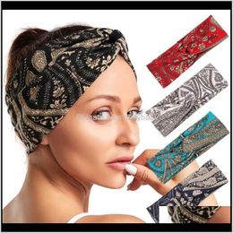 Headbands Jewellery Drop Delivery 2021 European And American Bohemian Style Printed Cross Womens Headband Sports Elastic Fabric Wide Edge Knot