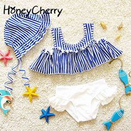 Korean Version Of Swimsuit The Spring Navy Wind Girl Stripe Split Triangle Baby Sweetness Cute Student Swimsuit 210701