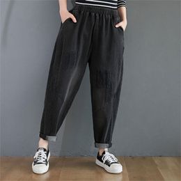 Autumn Winter Arts Style Women Elastic Waist Loose Black Jeans Patchwork Cotton Denim Harem Pants Plus Size S48 210512