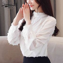 Fashion Autumn Chiffon Women Blouses Solid White Tops Long Sleeve Standing Collar Elegant Clothing 5588 50 210427