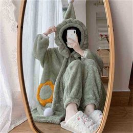 Sweet Christmas Hooded Chic Cute Girls Warm Nightwear Suits Oversize Loose Homewear Casual Pyjamas Sets 210525