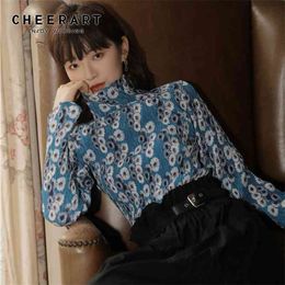 Daisy Floral Blouse Blue Turtleneck Drape Long Sleeve Womens Tops And Blouses Causal Ladies Clothing 210427