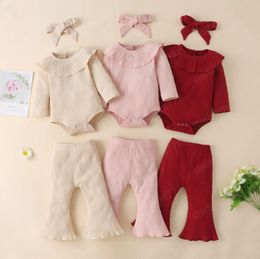 INS Simple Girl Clothing Set Long Sleeve Solid Colour Ruffles Romper +Flare Pants+Headband Autumn Soft Kids clothes 3 Piece sets 0-24 months 100% Cotton