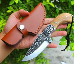 New Arrival Fixed Blade Hunting Knife 440C Satin Blades Full Tang Wood Handle Straight Knives With Leather Sheath