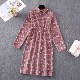 Corduroy Dress Autumn Winter Literature and Art Retro Small Floral Skirt French Mid-length Base Vestidos UK410 210506
