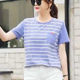 Fashion T-shirt Women Casual Striped O-neck Short Sleeve Pocket Soft Tee Female Simple Basic Streetwear Top Spring Summer 210412