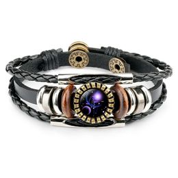 12 Horoscope Sign Glass Cabochon Charm Bracelet Multilayer Leather Wrap Bracelets Fashion Jewelry For Women Men