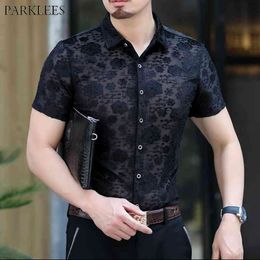 Men's Floral Embroidery See Through Fishnet Shirt Slim Fit Sexy Transparent Clubwear Dress Shirt Party Event Lace Sheer Blouse 210522