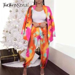 TWOTWINSTYLE Print Tie Dye Two Piece Set For Women Notched Long Sleeve Blazer Casual Pants Hit Color Sets Female Fashion 210727