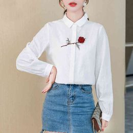 Women Blouse Elegant Office Shirt Cotton Long-Sleeved Three-dimensional Rose Embroider Womens Clothing 809F 210420