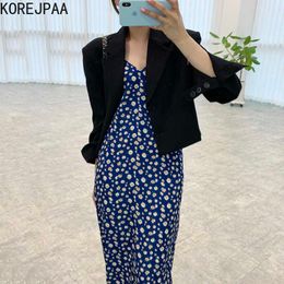 Korejpaa Women Sets Summer Korean Chic Girl All-Match Retro Lapel Two Button Suit Jacket Little Daisy Sleeveless Vest Dress 210526